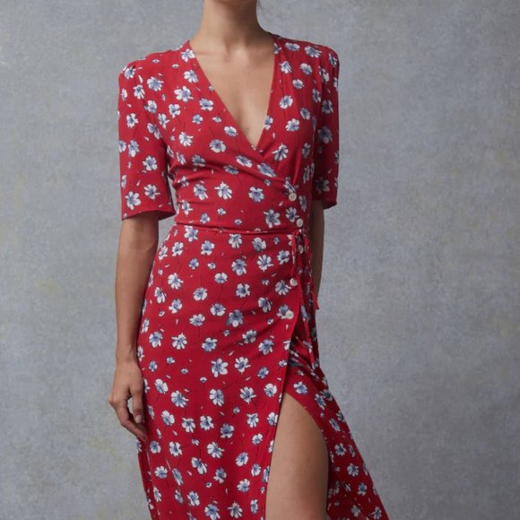 ROUJE GABIN RED FLORAL MIDI WRAP DRESS - Picture 5 of 11